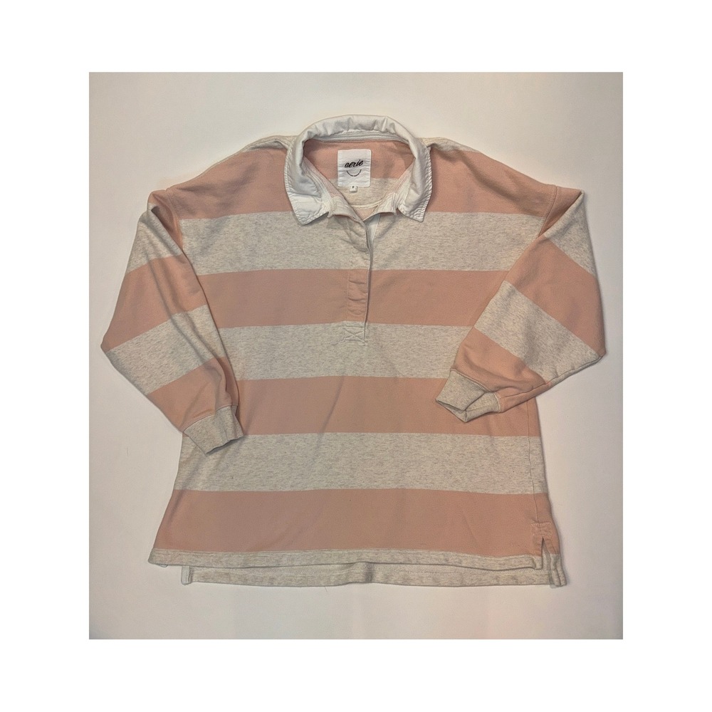 aerie Peach and Cream Striped Rugby Pullover
